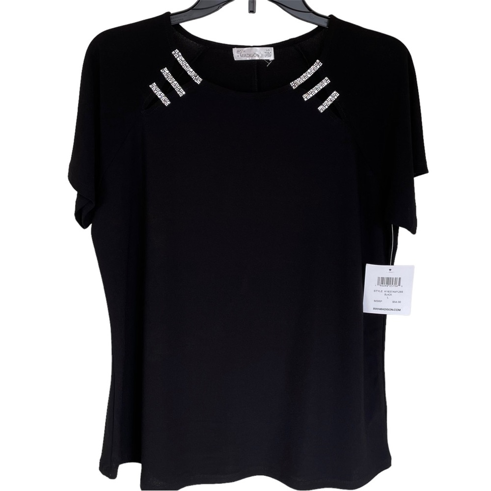 89th & Madison Women’s NWT Large Black Short-sleeve top w/ rhinestone embellish